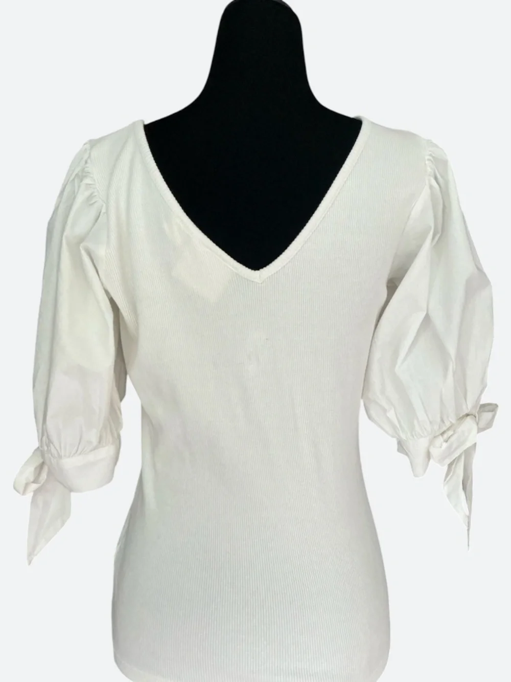 Anthropologie Maeve White Ribbed Cotton Knit V Neck Puff Sleeve Bow Top SZ S